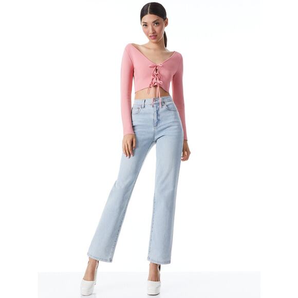 ALICE AND OLIVIA Sharee Top Womens Medium Pink Tie Knit Crop V Neck Long Sleeve - Picture 2 of 16